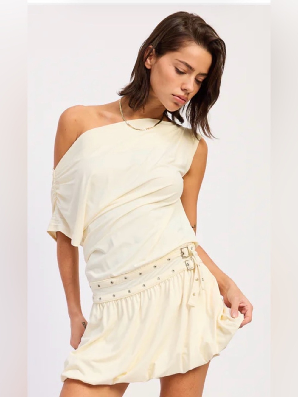EMORY PARK Benedetta Bubble Mini Asymmetrical Dress in Ivory Size Large NWT